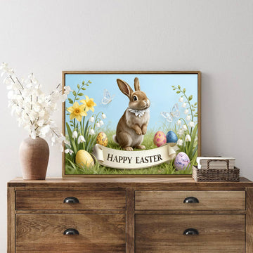 Framed Vintage Easter Bunny Wall Art - Muted Spring Rabbit Oil Painting Print, Farmhouse Easter Wall Decor, Rustic Cottagecore Animal Picture for Shelf, Mantle & Holiday Home Decor