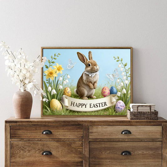 Framed Vintage Easter Bunny Wall Art - Muted Spring Rabbit Oil Painting Print, Farmhouse Easter Wall Decor, Rustic Cottagecore Animal Picture for Shelf, Mantle & Holiday Home Decor