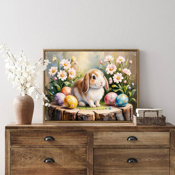 Easter Bunny Canvas Wall Art, Cute Rabbit and Easter Eggs Painting Prints, Vintage Farmhouse Spring Animal Picture, Modern Framed Easter Wall Decor for Bedroom, Living Room, Bathroom, Office