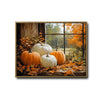 Fall Pumpkin Window Canvas Wall Art, Orange White Pumpkins Autumn Maple Leaves Framed Canvas Print, Farmhouse Thanksgiving Home Decor
