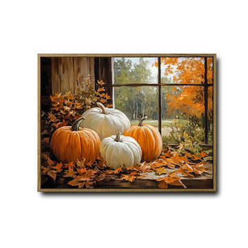 Fall Pumpkin Window Canvas Wall Art, Orange White Pumpkins Autumn Maple Leaves Framed Canvas Print, Farmhouse Thanksgiving Home Decor