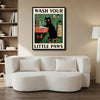 Novelty Cat Wall Canvas, Retro Style Wash Your Little Paws Black Cat Artwork, Cute Powder Room Home Decor
