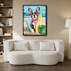 French Bulldog Surfboard Beach Lighthouse Canvas Wall Art, Cute Summer Dog Coastal Vertical Print, Nautical Beach House Pet Lover Wall Decor