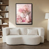 Valentine Pink Floral Perfume Bottle Canvas Wall Art, Soft Pink Rose Peony Vase Still Life Framed Canvas Print, Romantic Coquette Bedroom Vanity Wall Decor