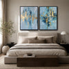2 Piece Modern Coastal Blue Gold Leaf Abstract Canvas Prints Vertical Brushstroke Painting Contemporary Wall Art