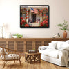 Patriotic Red Rose Colonial House American Flag Canvas Wall Art, Farmhouse Floral Front Porch Canvas Painting