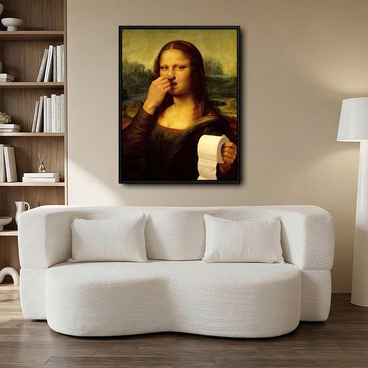 Funny Mona Lisa Holding Toilet Paper Wall Art, Parody Classic Painting Canvas Print, Quirky Vintage Bathroom Decor
