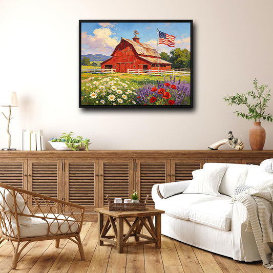 Red Barn American Flag Wildflower Field Canvas Wall Art, Farmhouse Country Lavender Poppy Daisy Landscape Canvas Print, Patriotic Rustic Farm Decor