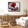 Valentine Red Rose Mug Canvas Wall Art, Heart Cup Gray Rose Petals Rustic Wooden Background Framed Canvas Print, Romantic Bedroom Kitchen Wall Decor