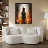 Mysterious Dark Witch Fire Scene Framed Canvas Wall Art, Gothic Halloween Wall Decor