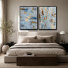 2 Piece Modern Soft Blue Gold Leaf Abstract Canvas Prints Thick Texture Coastal Contemporary Luxury Wall Art