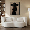 Moody Fashion Portrait Canvas Poster, Chic Woman From Behind With Oversized Black Hat Artwork for Vanity Room Gallery Wall Decor