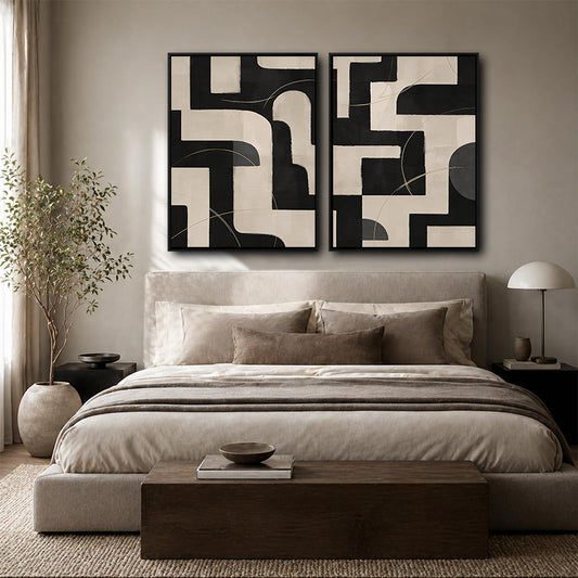 2 Piece Neutral Block Shape Abstract Canvas Prints Black Cream Curved Geometric Painting Wabi Sabi Contemporary Wall Art