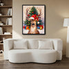 Vintage Christmas Reindeer Canvas Print, Cute Deer Wearing Santa Hat with Gifts & Christmas Tree Wall Art