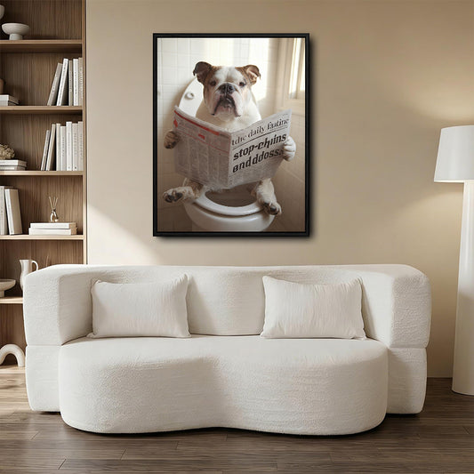 Funny Bulldog Toilet Reading Newspaper Wall Art, English Bulldog Bathroom Canvas Print, Humorous Dog Bathroom Wall Decor