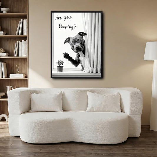 Black & White Funny Pitbull Wall Art Print, Are You Pooping Quote Dog Artwork, Novelty Bathroom Wall Decor