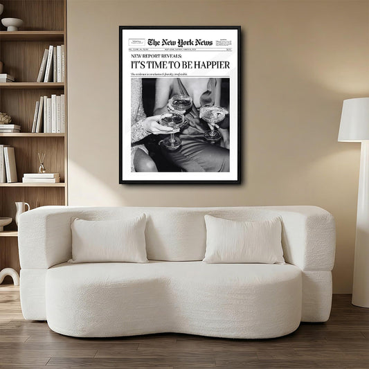 Retro Newspaper It's Time To Be Happier Wall Canvas, Ladies Toasting Champagne Statement Print, Funky Maximalist Home Wall Decor