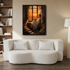 Retro Romantic Canvas Print, Woman Reading Among Old Books, Sunset Window Dark Academia Wall Decor for Book Nook