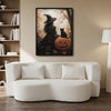Gothic Witch Black Cat Pumpkin Canvas Print, Vintage Autumn Forest Halloween Wall Art