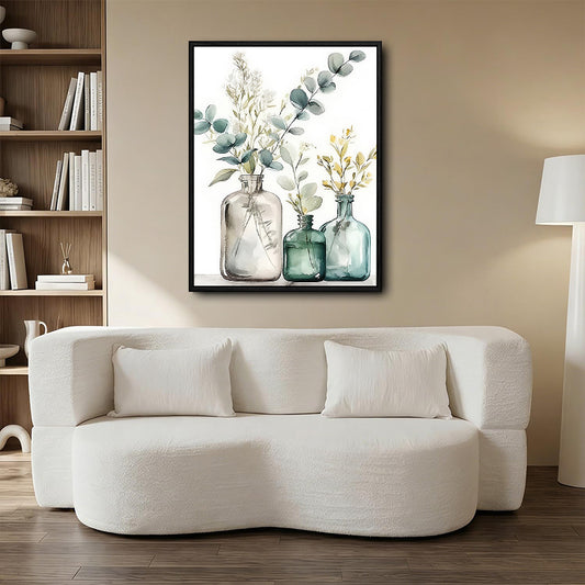 Minimalist Botanical Canvas Wall Art, Eucalyptus Leaves in Vintage Glass Bottles Soft Watercolor Poster
