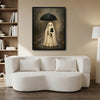 Vintage Ghost Holding Black Cat Umbrella Rainy Halloween Framed Wall Art Print
