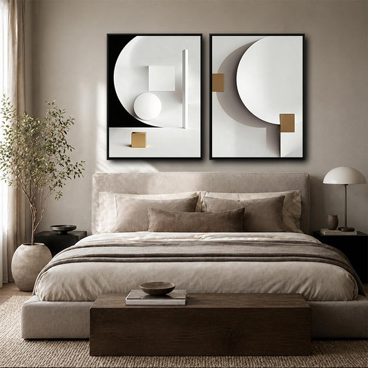 2 Piece Modern 3D Shadow Geometric Canvas Prints White Black Gold Cube Circle Shape Contemporary Minimalist Wall Art