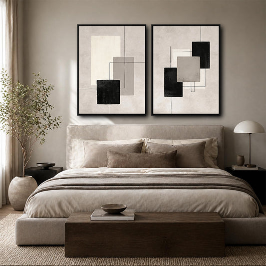 Wabi Sabi Set of 2 Neutral Geometric Abstract Canvas Wall Art Black Beige Wall Decor