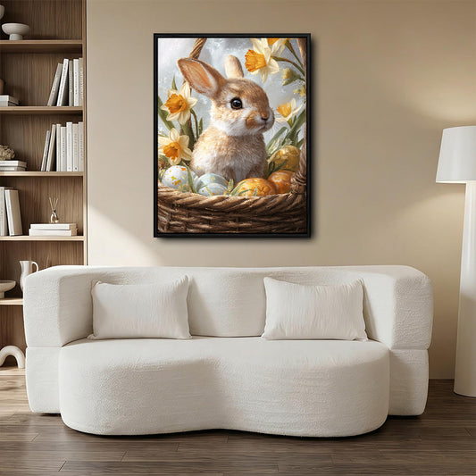 Brown Bunny Wicker Basket Daffodils Easter Eggs Canvas Wall Art