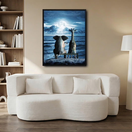 Elephant and Giraffe Watching Full Moon Over Ocean Canvas Wall Art, Wild Animals on Seaside Rock Vertical Print, Mystical Night Seascape Living Room Bedroom Wall Decor