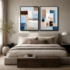 2 Piece Neutral Earth Tone Pastel Blue Geometric Abstract Canvas Prints Palette Knife Textured Contemporary Wall Art