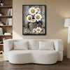 Rustic Farmhouse Wall Decor, White Sunflowers In Galvanized Bucket “FLOWERS & SUNLIGHT” Distressed Wood Background Vertical Canvas Art, Shabby Chic Country Floral Artwork