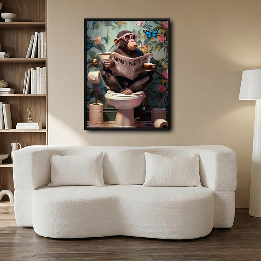 Quirky Chimpanzee Toilet Wall Art, Monkey With Pink Glasses Coffee Newspaper Tropical Bathroom Canvas Poster