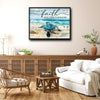 Farmhouse Christian Coastal Wall Decor, Sea Turtle Walking On Beach With Quote I Will Walk By Faith Even When I Cannot See 2 Corinthians 5:7, Distressed Wood Background Nautical Inspirational Horizontal Canvas Artwork