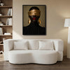 Moody Luxury Portrait Canvas Poster, Black Woman with Gold Blindfold Artwork for Office Gallery Wall Glam Home Decor