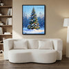 Vintage Christmas Forest Canvas Print, Snow‑Covered Xmas Tree with Ornaments & Santa Sleigh Holiday Wall Art