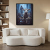 Good Shepherd Jesus Chasing Lost Lamb In Moody Misty Forest Framed Canvas Print, Inspirational Biblical Christian Wall Art