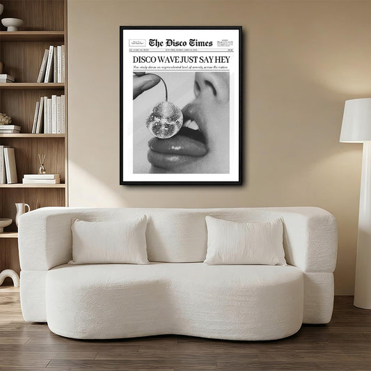 The Disco Times Disco Wave Just Say Hey Poster, Vintage Newspaper Black White Disco Ball Print, Aesthetic Dorm Bar Cart Wall Art