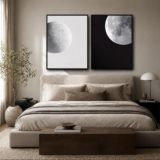 Set of 2 Black and White Moon Canvas Wall Art Minimalist Lunar Phase Planet Framed Wall Decor Living Room Bedroom