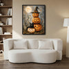 Halloween Black Cat Stacked Pumpkin Canvas Print, Witch Hat Jack O Lantern Full Moon Vintage Fall Wall Art