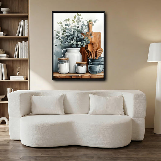 Rustic Farmhouse Kitchen Canvas Wall Art, Eucalyptus Vase Ceramic Jars Cooking Utensils Watercolor Poster