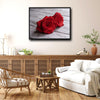Valentine Two Red Roses Canvas Wall Art, Dewy Red Roses on Rustic White Wood Plank Framed Canvas Print, Romantic Bedroom Farmhouse Wall Decor