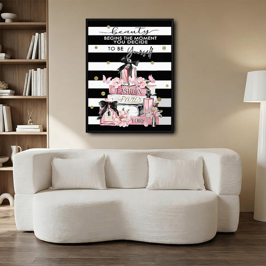 Fashion Pink Perfume Books Canvas Wall Art, Black White Stripe Inspirational Quote Beauty Vertical Print, Glam Women Bedroom Makeup Room Wall Decor