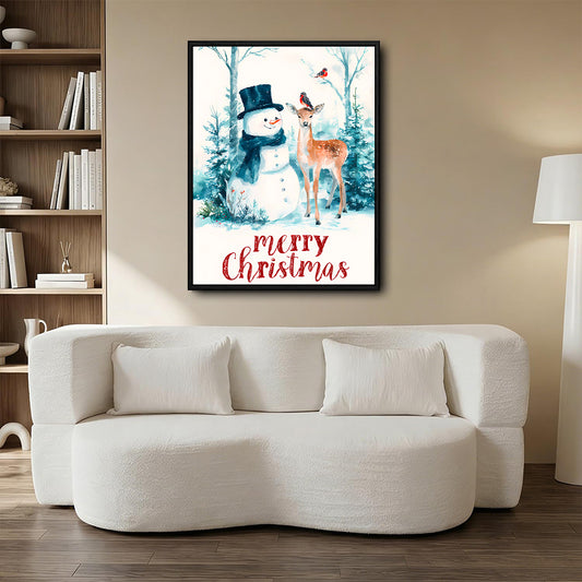 Merry Christmas Watercolor Canvas Print, Snowman Reindeer Bird Winter Forest Scene Holiday Wall Art