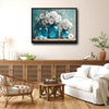 Teal Blue Glass Mason Jars White Daisy Hydrangea Canvas Wall Art, Faith Hope Love Floral Still Life Horizontal Print, Farmhouse Rustic Country Flower Wall Decor