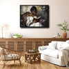 Elegant Black Woman Reading Canvas Print, Vintage Textured Oil Painting Female Portrait Wall Art