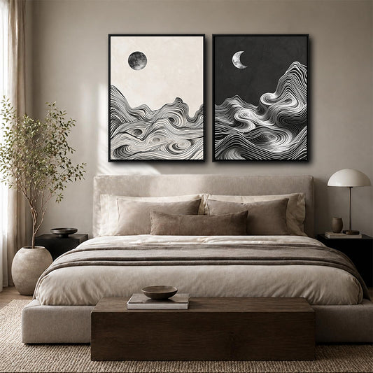 2 Piece Wabi Sabi Day Night Sun & Crescent Moon Mountain Contour Line Canvas Prints Neutral Oriental Modern Landscape Wall Art