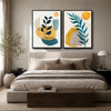 Set of 2 Teal & Mustard Yellow Boho Botanical Abstract Canvas Wall Art