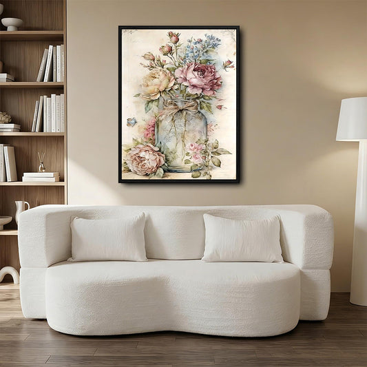 Vintage Glass Mason Jar Pink Peony Rose Butterfly Canvas Wall Art, Antique Script Paper Floral Still Life Vertical Print, Shabby Chic Cottage Farmhouse Flower Wall Decor