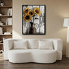 Rustic Sunflower Dark Pitcher Canvas Wall Art, Distressed White Weathered Wood Floral Still Life Vertical Print, Farmhouse Neutral Country Sunflower Wall Decor
