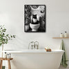 Black And White Black Cat Reading Newspaper On Toilet Canvas Wall Art Funny Tropical Bathroom Wall Deco